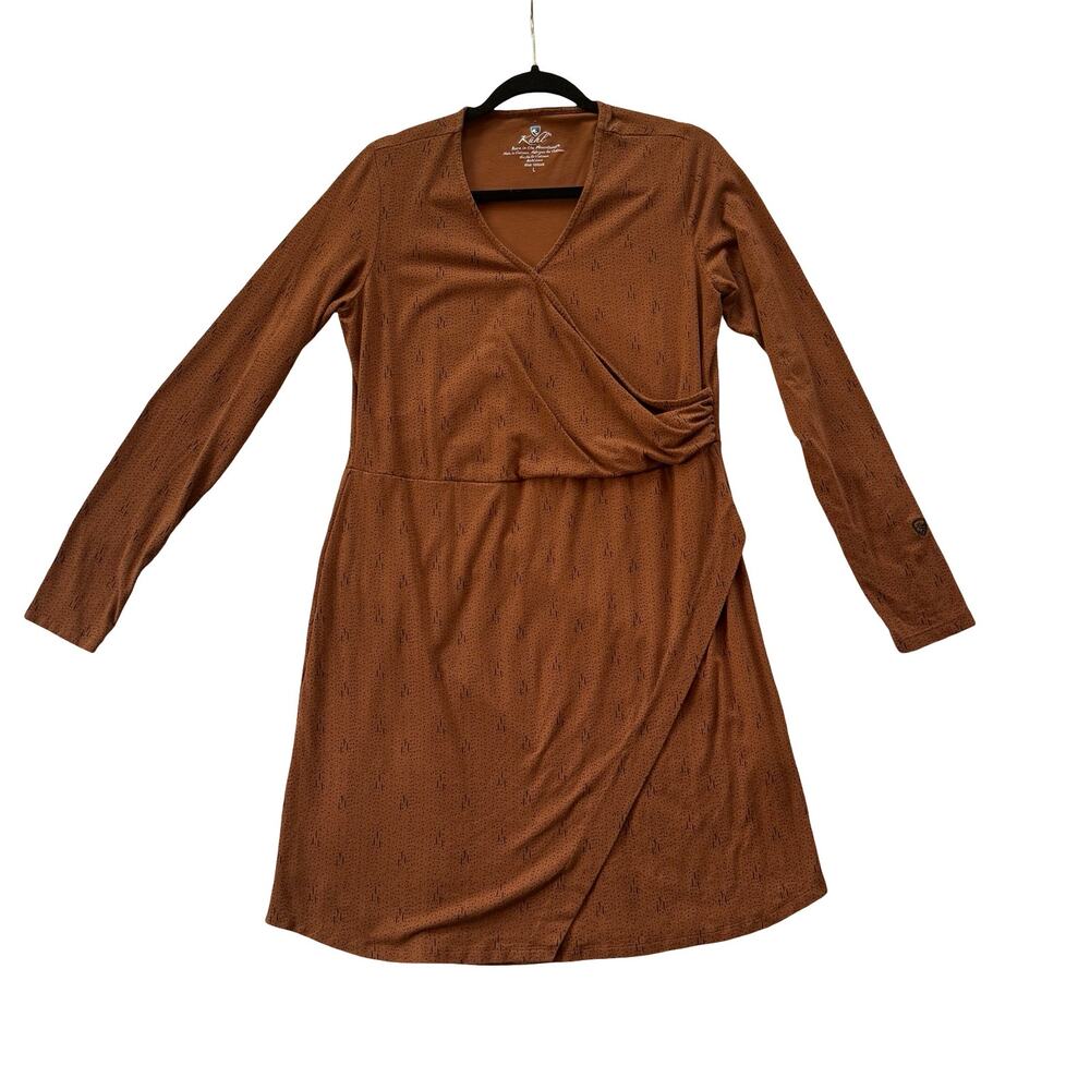 KUHL Anya Wrap Dress Camel Soft Comfy Stretch Large Casual Classy Organic Cotton